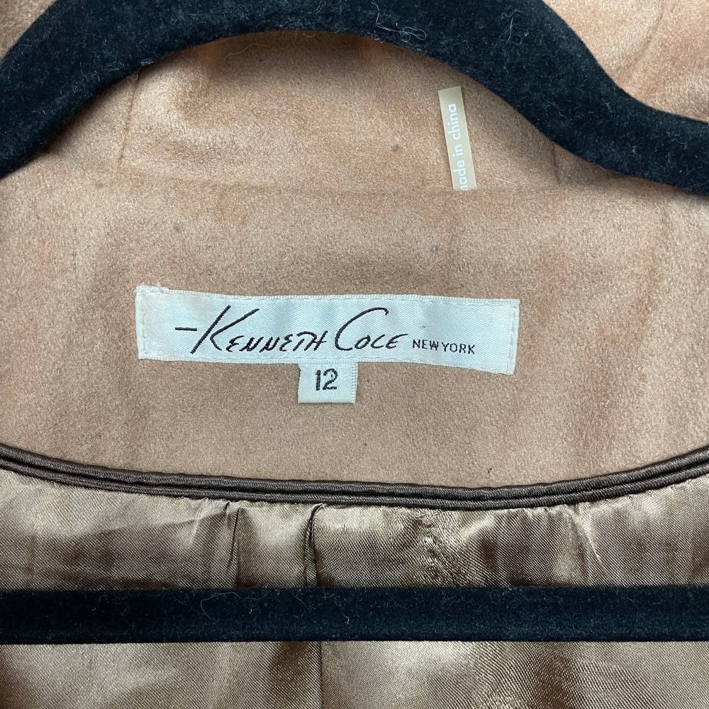 Vintage Y2K Kenneth Cole Wool Blend Hooded Camel Coat Longline Jacket 12 Travel - Picture 10 of 11